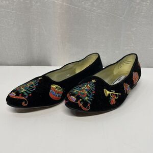 Vintage Black Velvet Christmas Slip On Shoes Donna Lawrence Women's Size 5 M‎